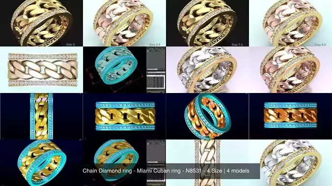 Chain Diamond ring - Miami Cuban ring - N8531 - 4 Size