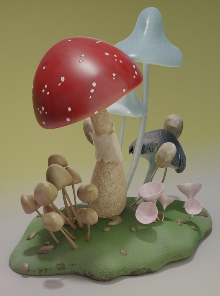 mushroom set on field 3D model_2