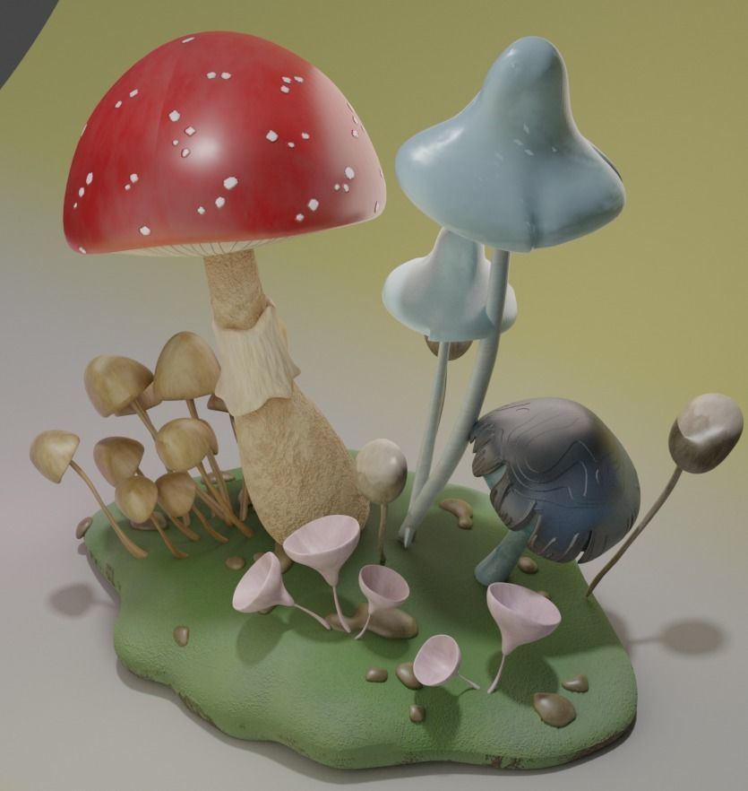 mushroom set on field 3D model_1