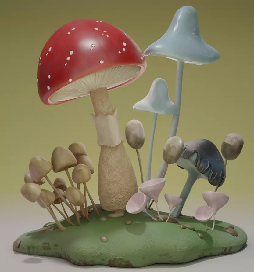 mushroom set on field 3D model_0