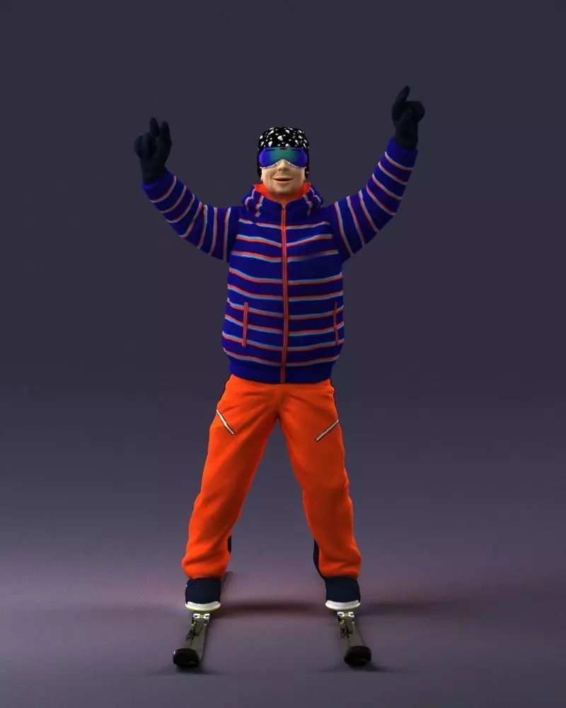 000619 Skier in Striped Jacket and Orange Pants 3D Model 3D model