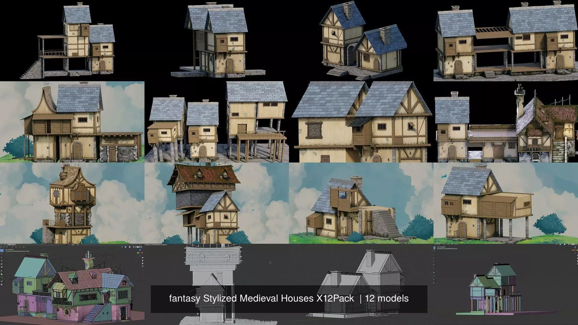 fantasy Stylized Medieval Houses X12Pack  3D Model Collection_0