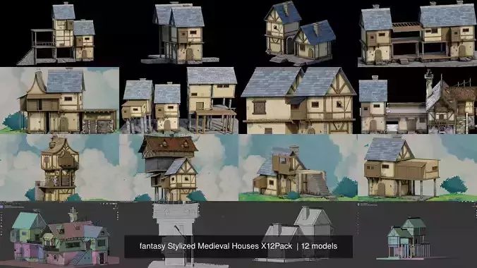 fantasy Stylized Medieval Houses X12Pack  3D Model Collection
