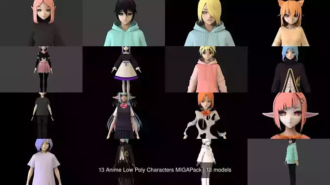 13 Anime Low Poly Characters MIGAPack 3D Model Collection