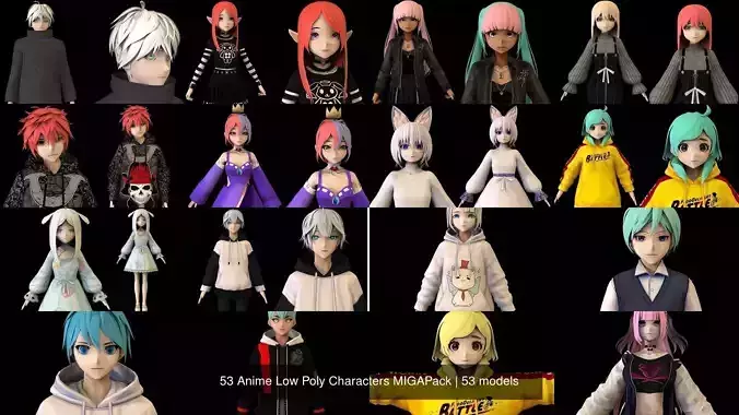53 Anime Low Poly Characters MIGAPack 3D Model Collection