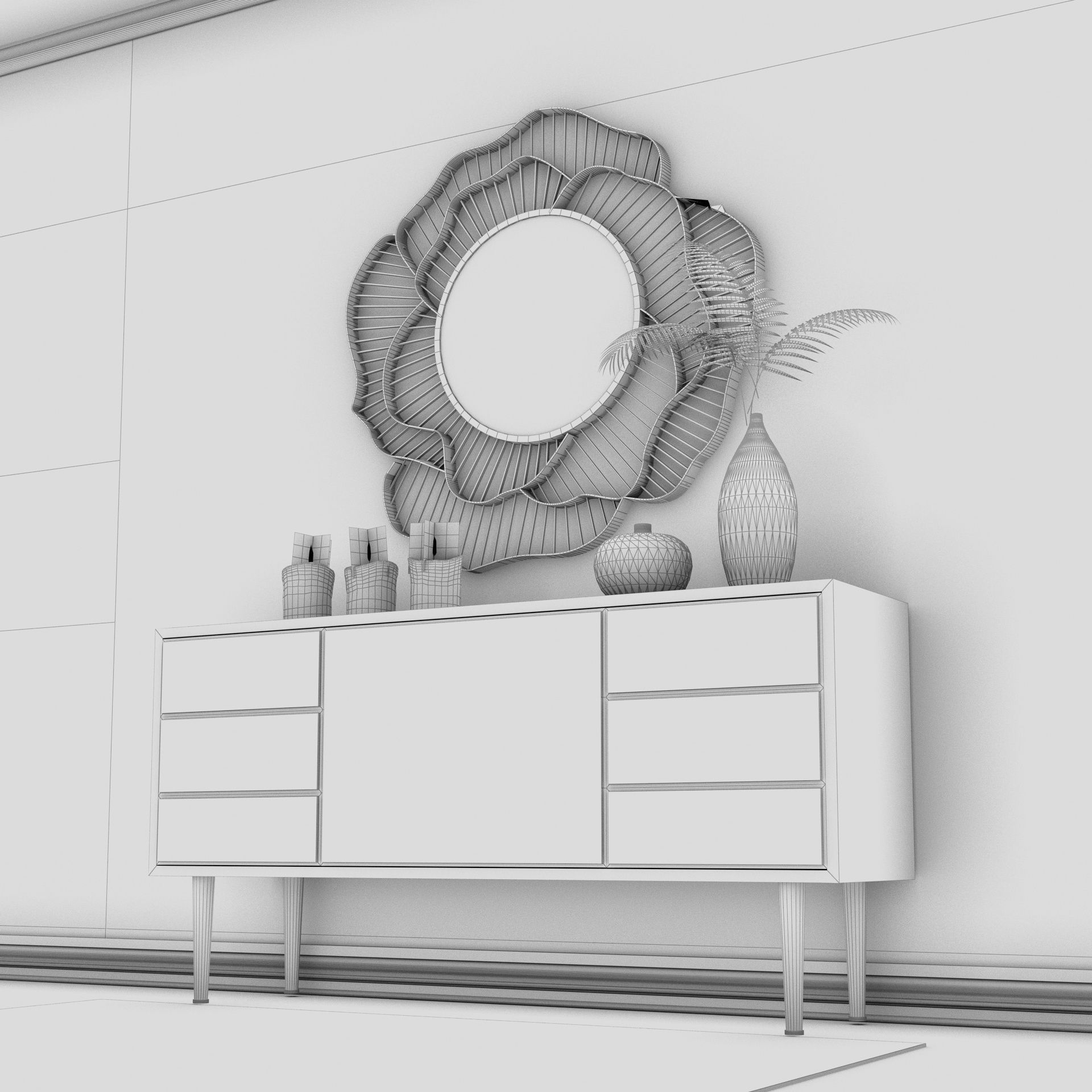 Living Room Wood Flower Mirror Table Artdeco Set 3D 3D model_15