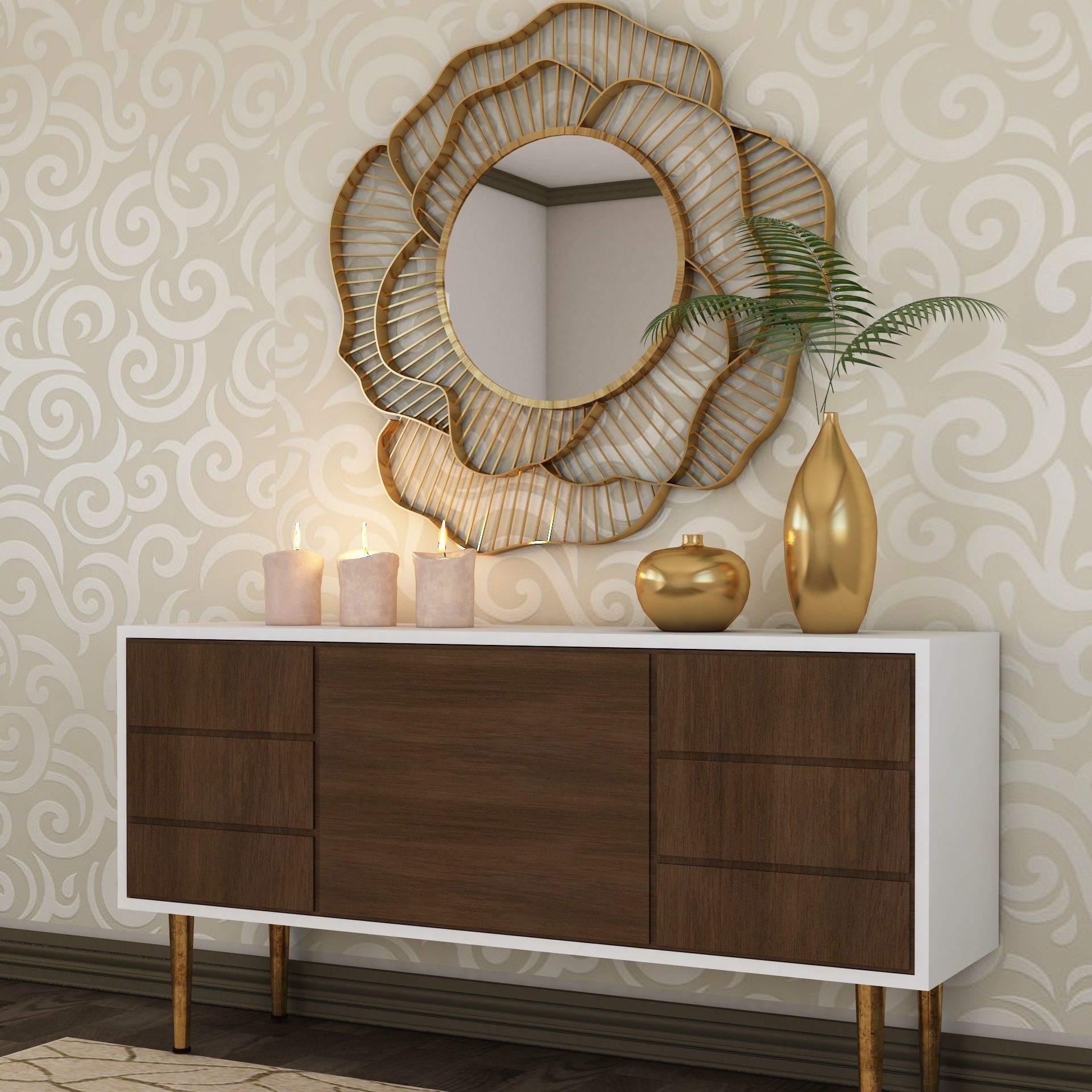 Living Room Wood Flower Mirror Table Artdeco Set 3D 3D model_1
