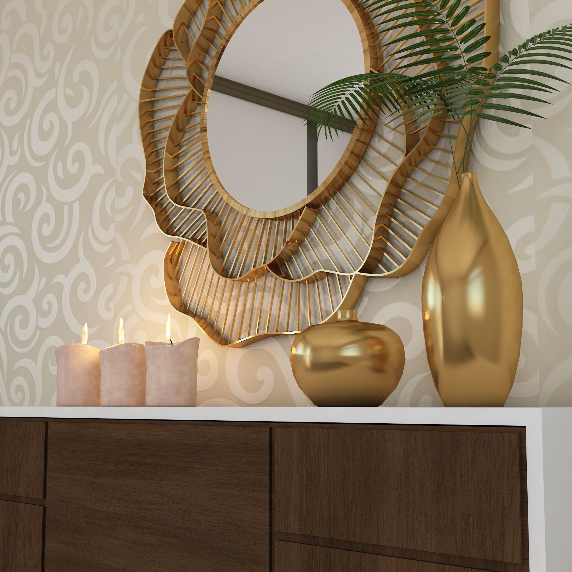 Living Room Wood Flower Mirror Table Artdeco Set 3D 3D model_7