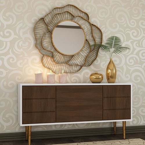 Living Room Wood Flower Mirror Table Artdeco Set 3D 3D model