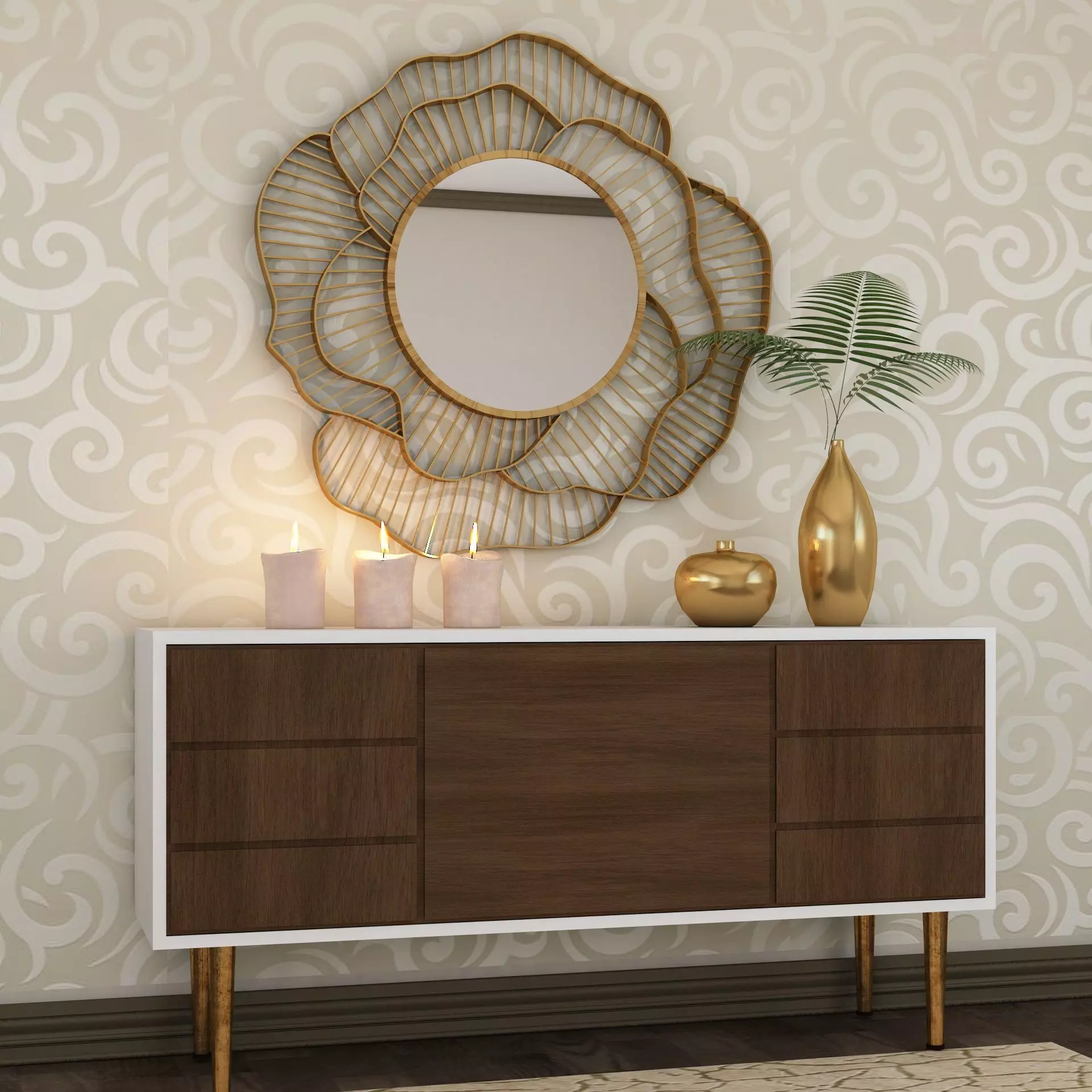 Living Room Wood Flower Mirror Table Artdeco Set 3D 3D model_0
