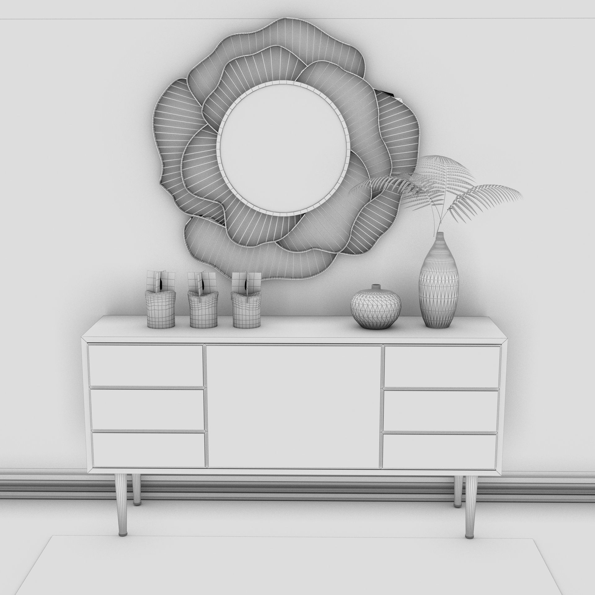 Living Room Wood Flower Mirror Table Artdeco Set 3D 3D model_18