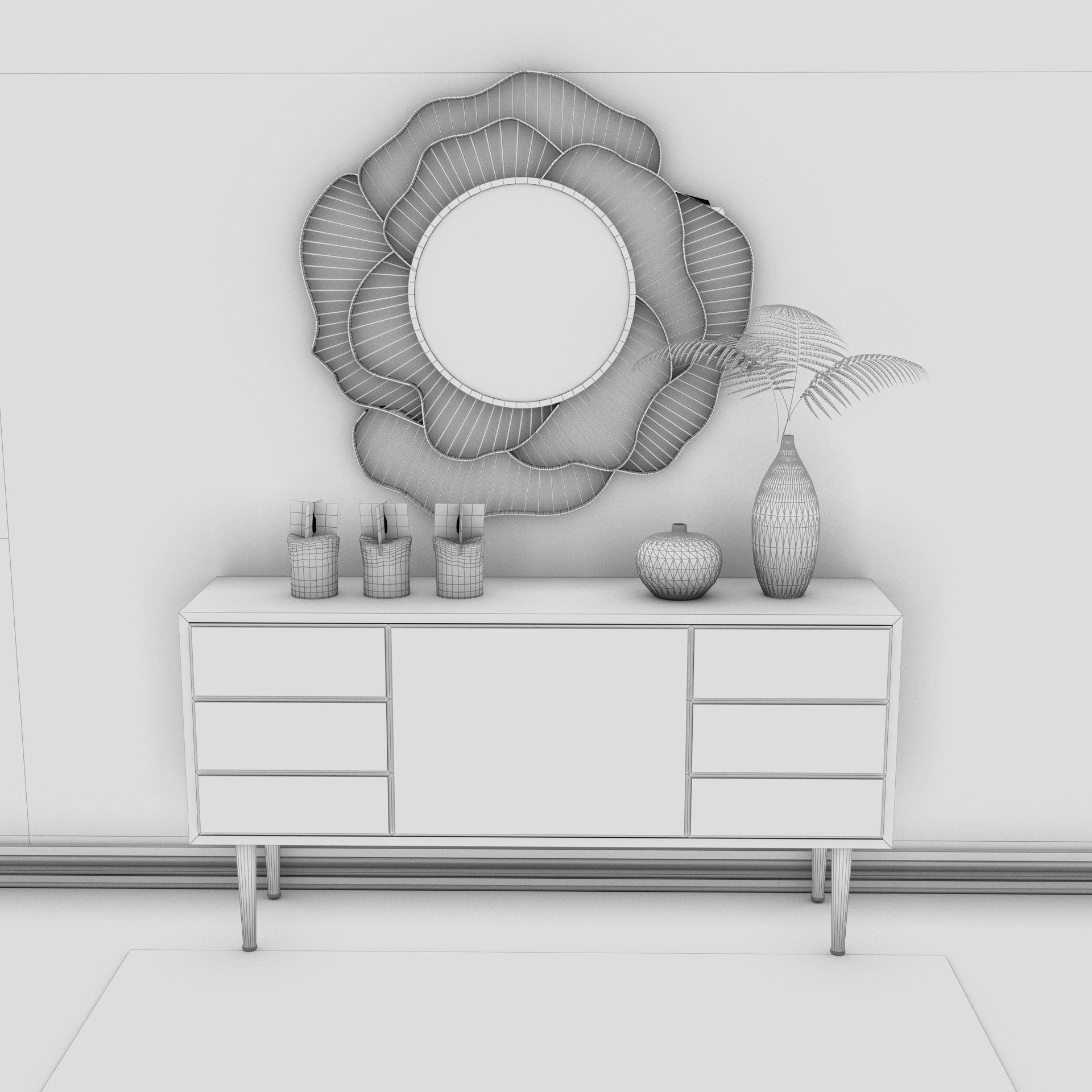 Living Room Wood Flower Mirror Table Artdeco Set 3D 3D model_17