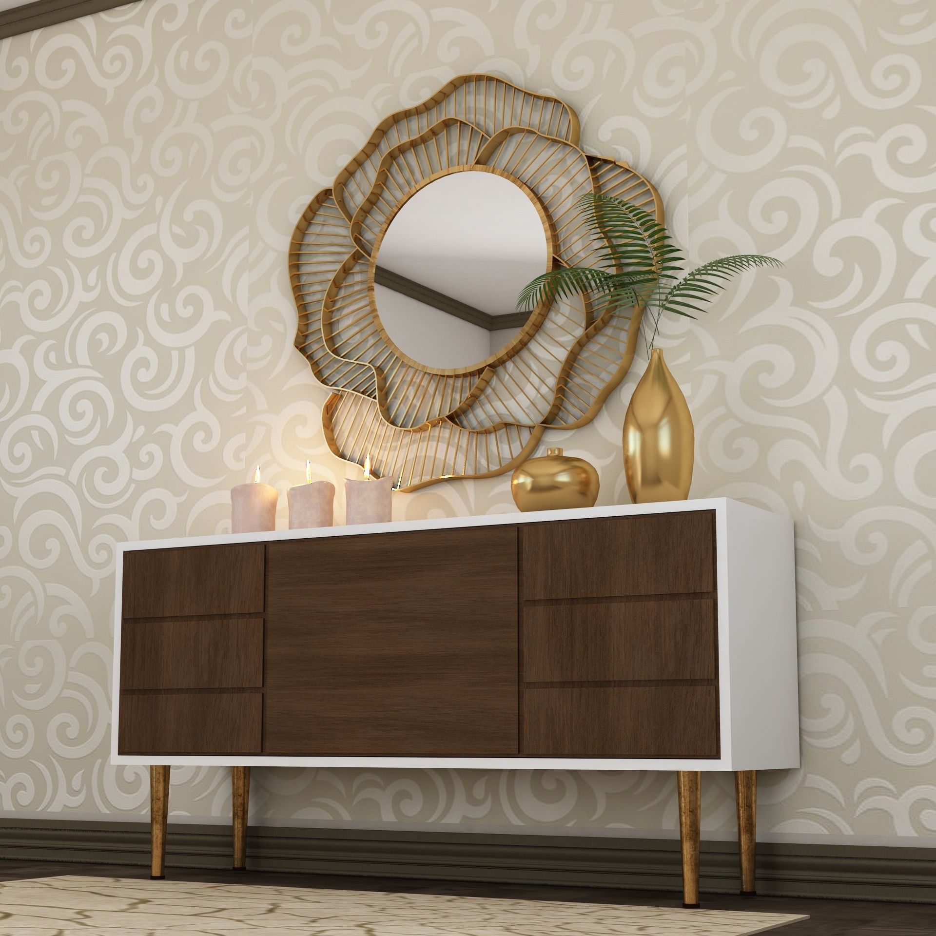 Living Room Wood Flower Mirror Table Artdeco Set 3D 3D model_6