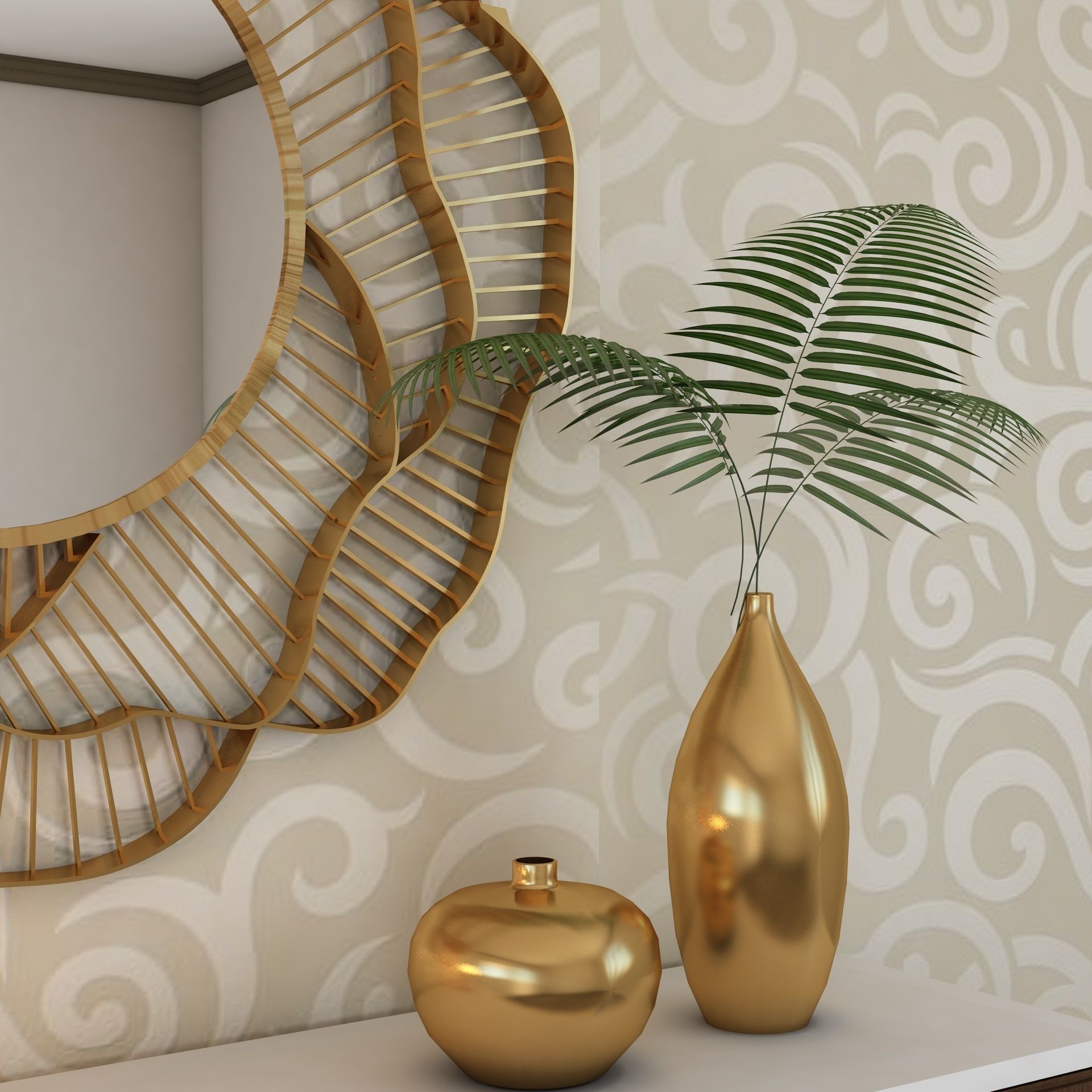 Living Room Wood Flower Mirror Table Artdeco Set 3D 3D model_5