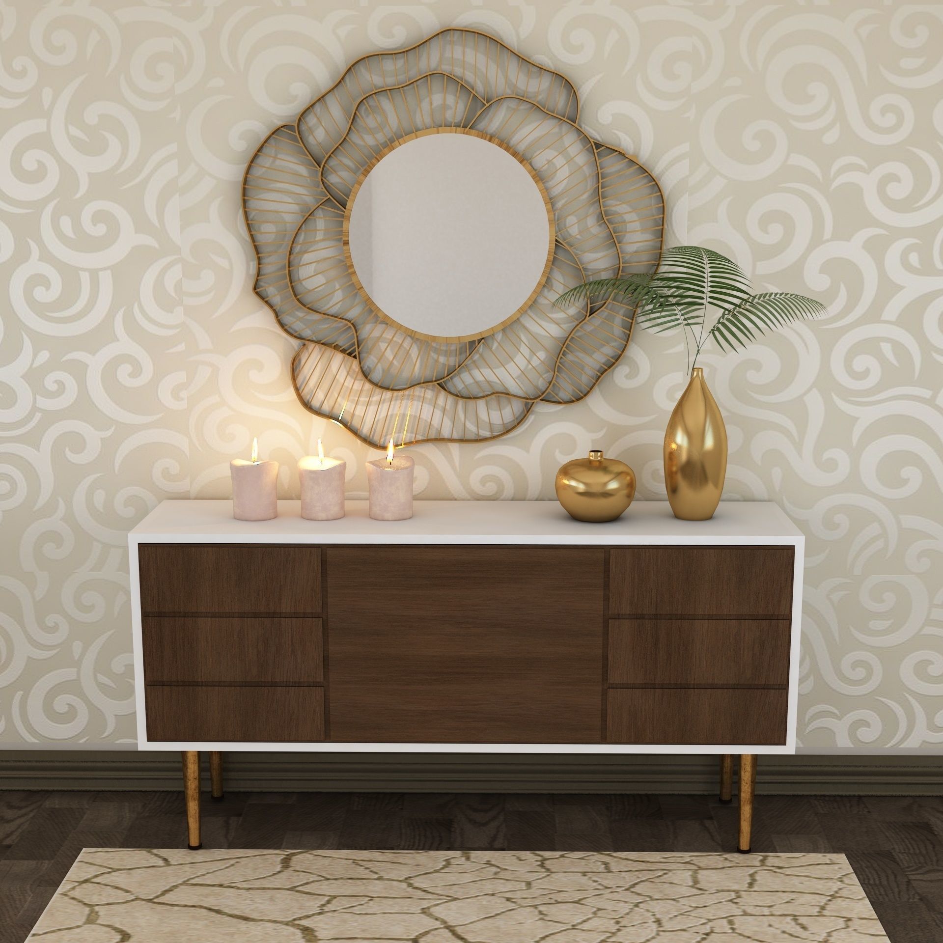 Living Room Wood Flower Mirror Table Artdeco Set 3D 3D model_8