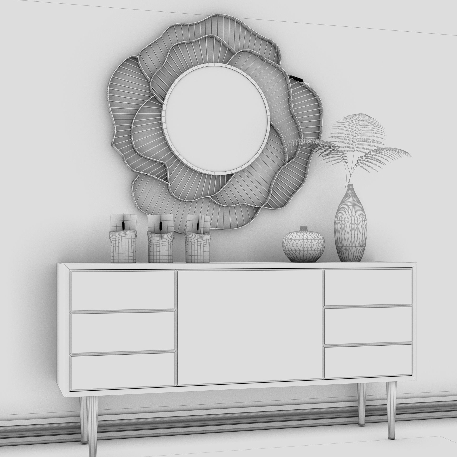 Living Room Wood Flower Mirror Table Artdeco Set 3D 3D model_9