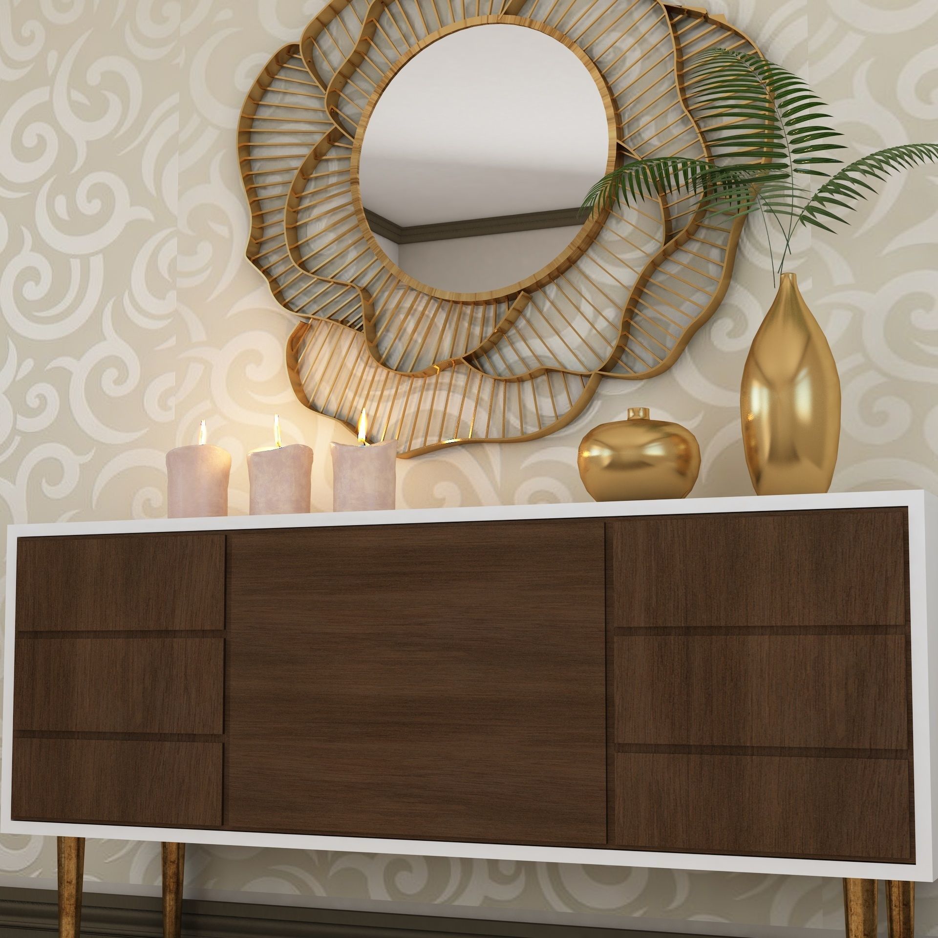 Living Room Wood Flower Mirror Table Artdeco Set 3D 3D model_3