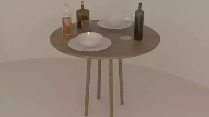 bottles galsses and dishes on the table