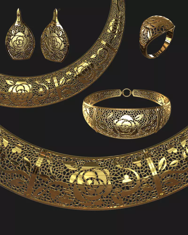 Jewelry set gold bracelet with intricate design 3D print model_0