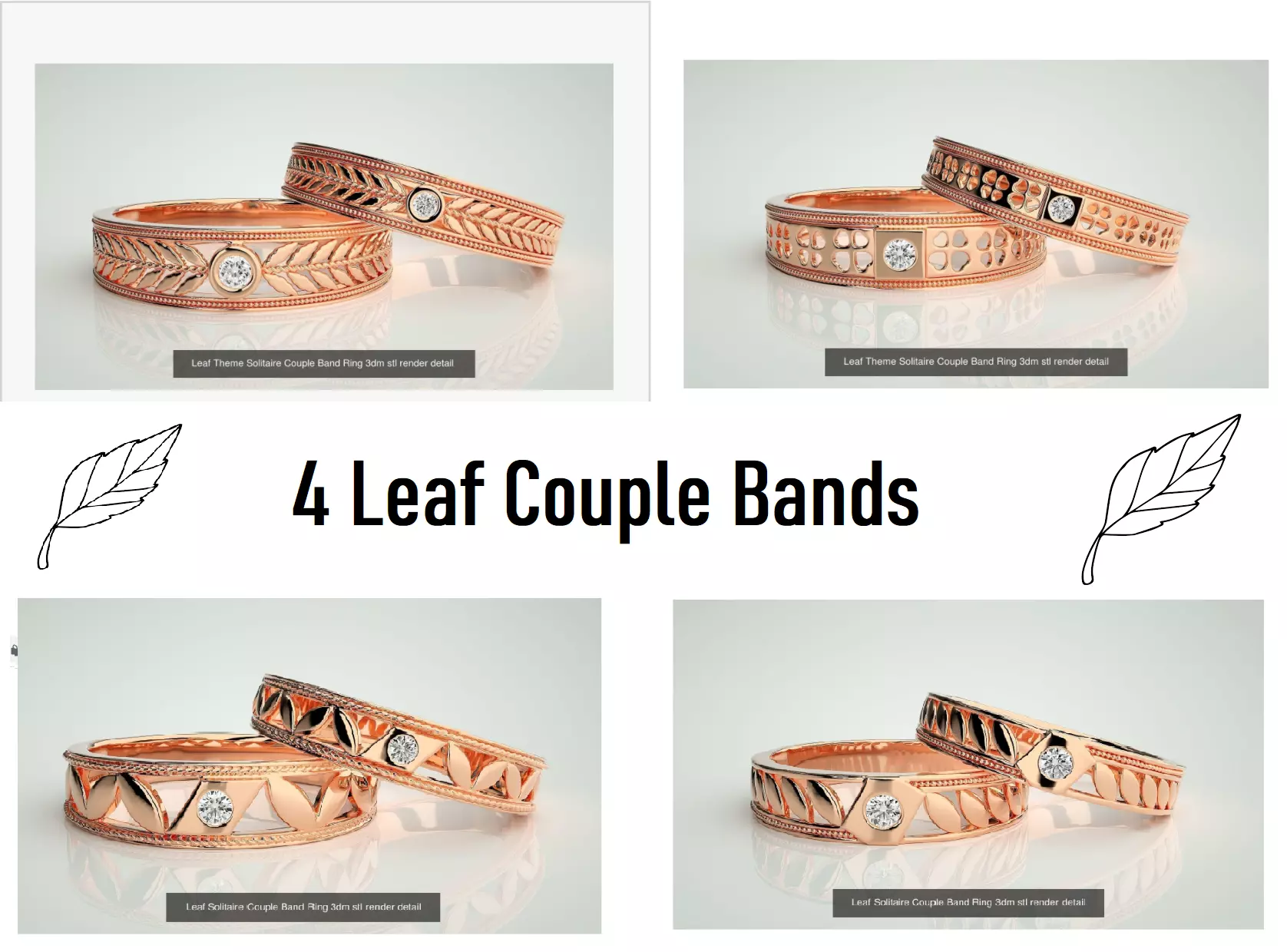 4 Leaf Couple Bands 3dm stl renders details  3D Model Collection_0