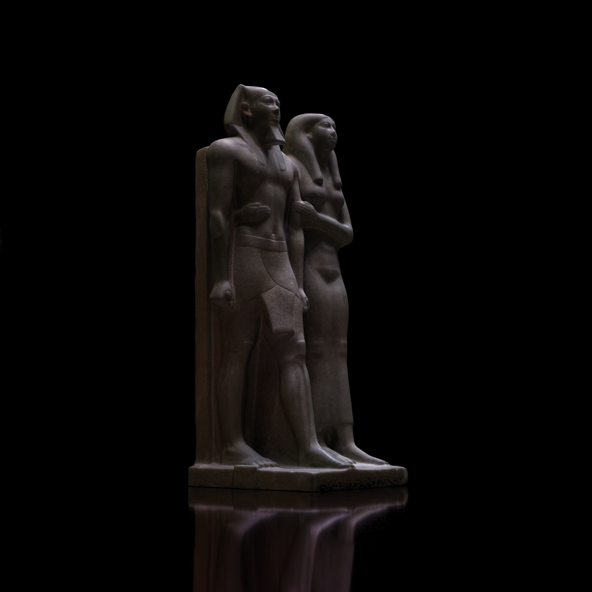 Greywacke statue of Menkaura and Queen Khamerernebty II 3D model_2