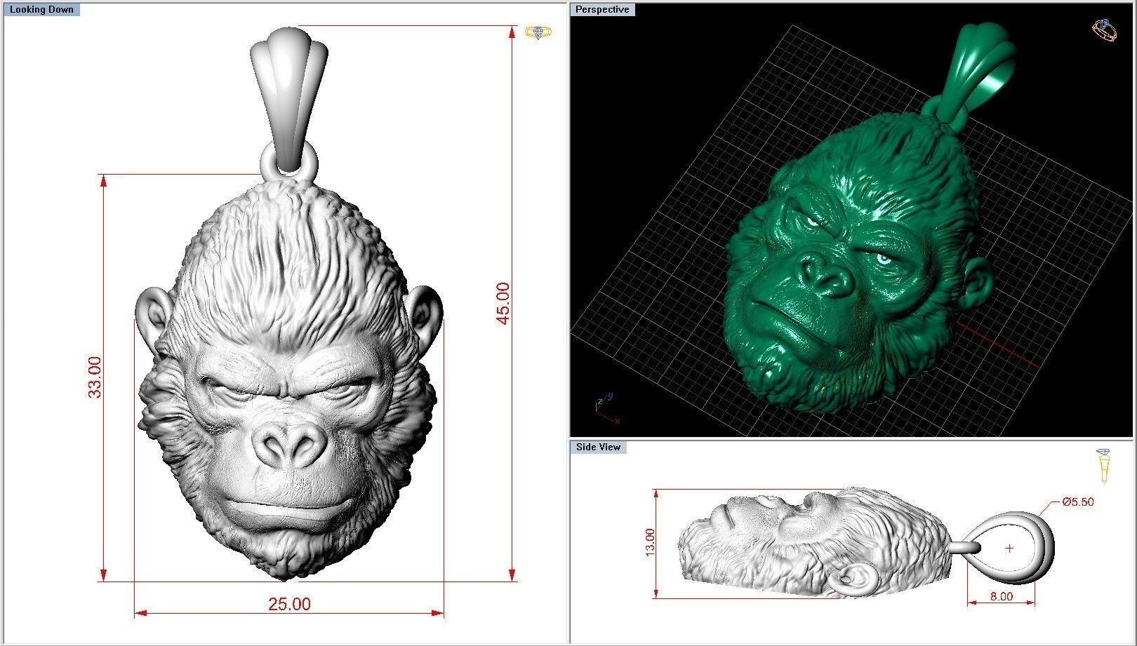African Black Gorilla Monkey King Pendant 3D print model_6