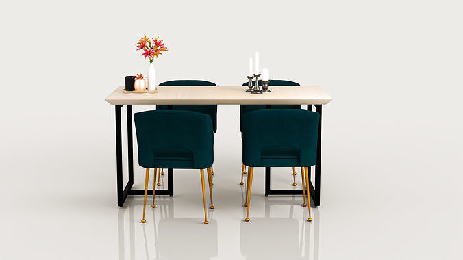 Table in white wood and chairs in blue velvet 3D model