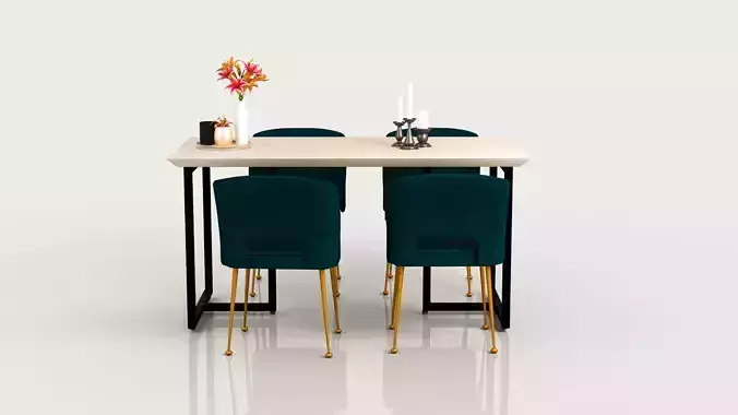 Table in white wood and chairs in blue velvet 3D model