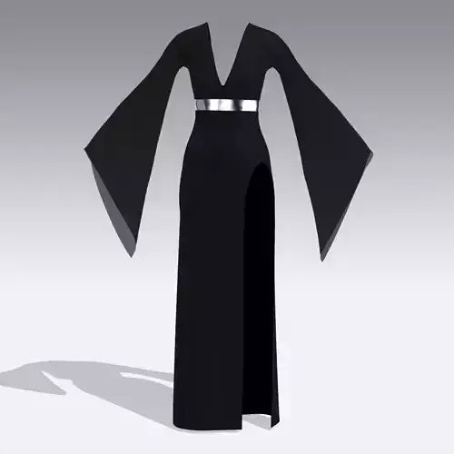 DRESS BLACK BELT METALIC SLIT DRESS V ECKLINE