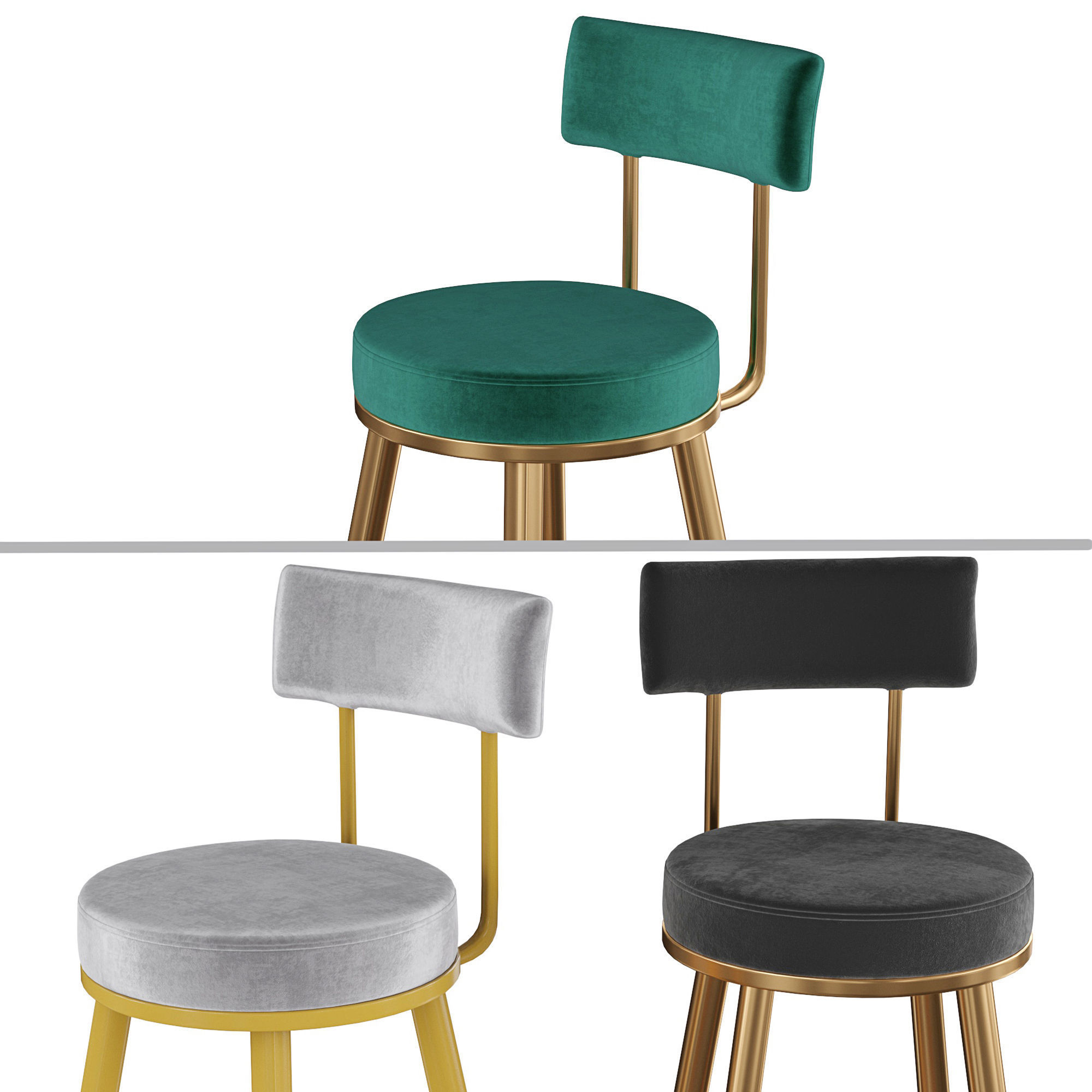 Black Counter Height Bar Stool Velvet 3D model_3