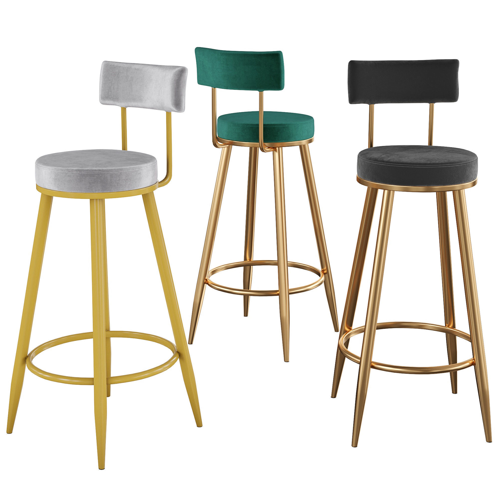 Black Counter Height Bar Stool Velvet 3D model_1