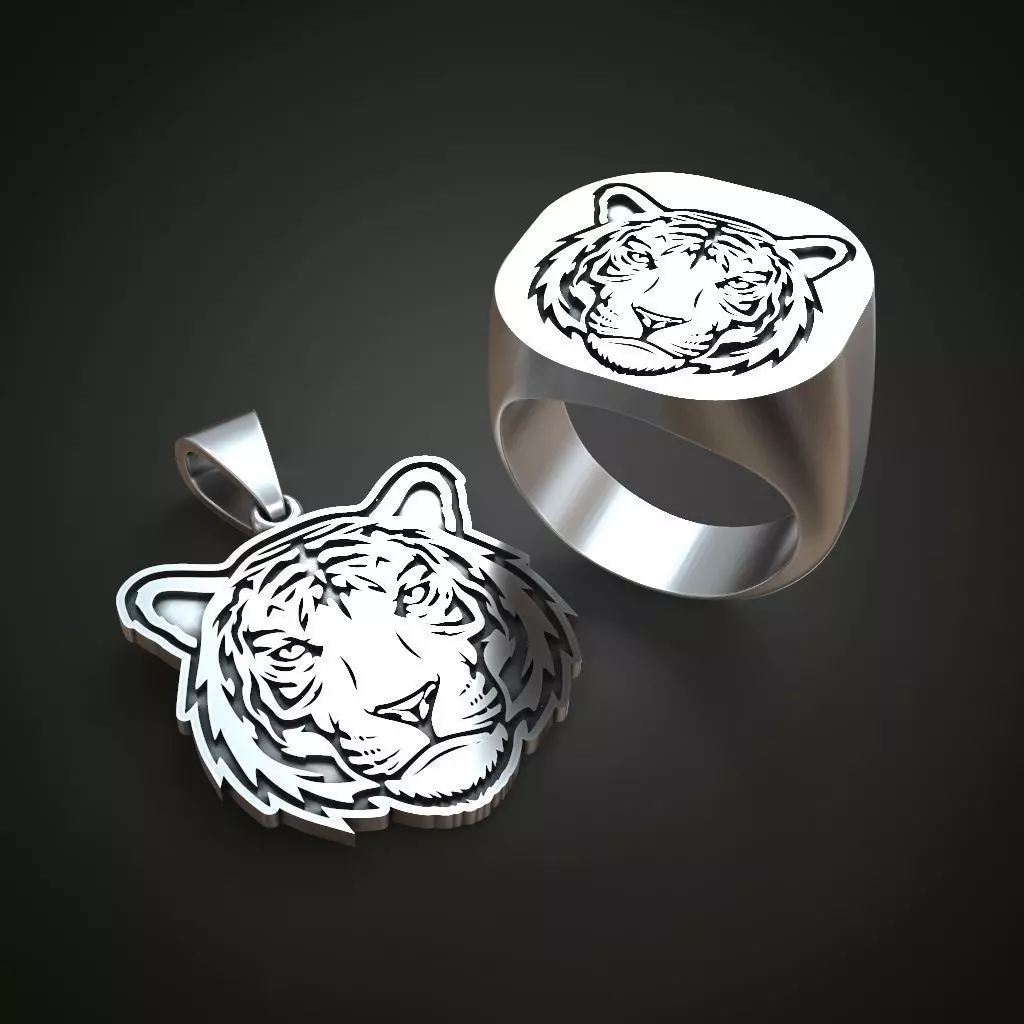 Tiger face ring and pendant 3D Model Collection_0