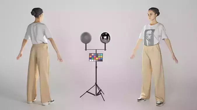 Young woman in beige trousers ready for animation 309