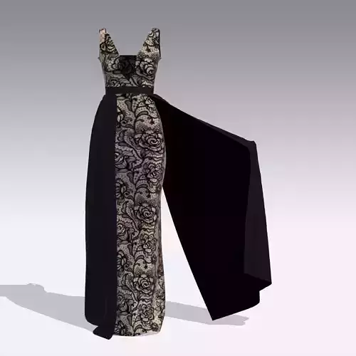 DRESS LACE AND TAIL BLACK LONG V NECKLINE DRESS