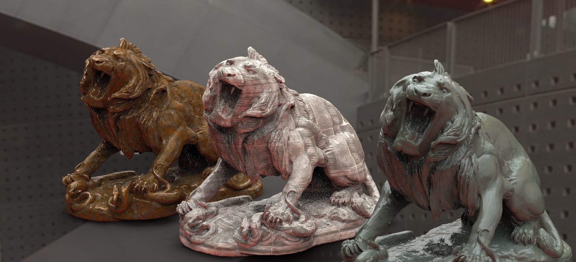 Lion Statue Head up roaring 3D model_1