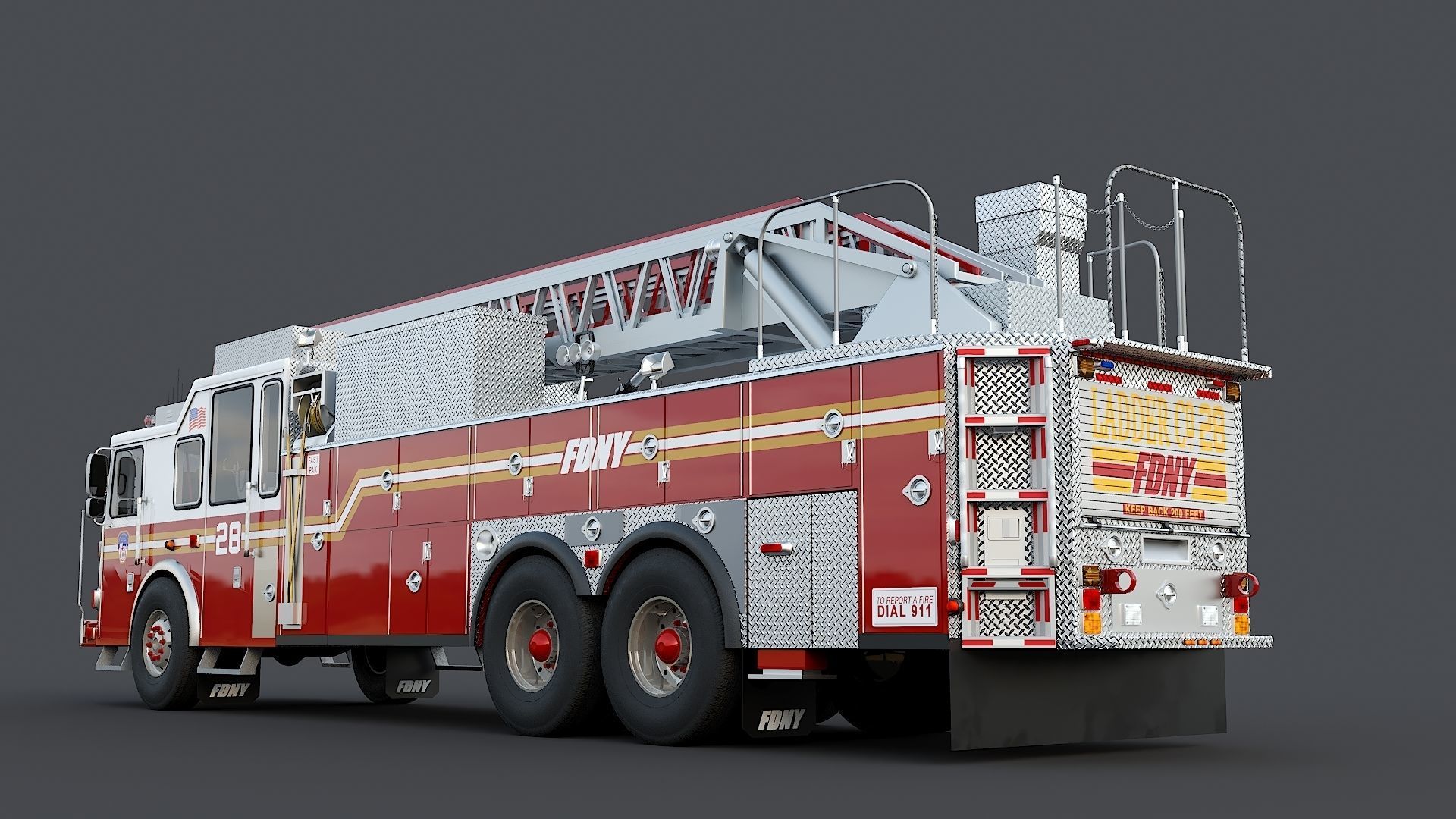 Fire Truck FDNY Ladder with Interior Low-poly 3D model_10