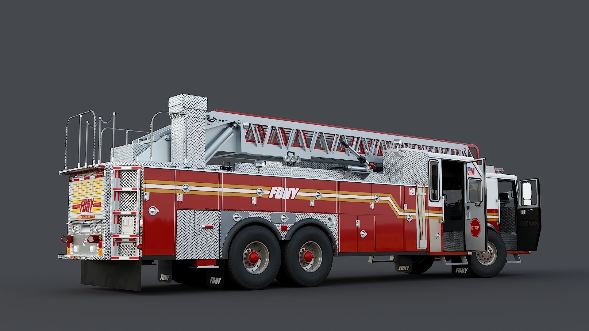 Fire Truck FDNY Ladder with Interior Low-poly 3D model_8