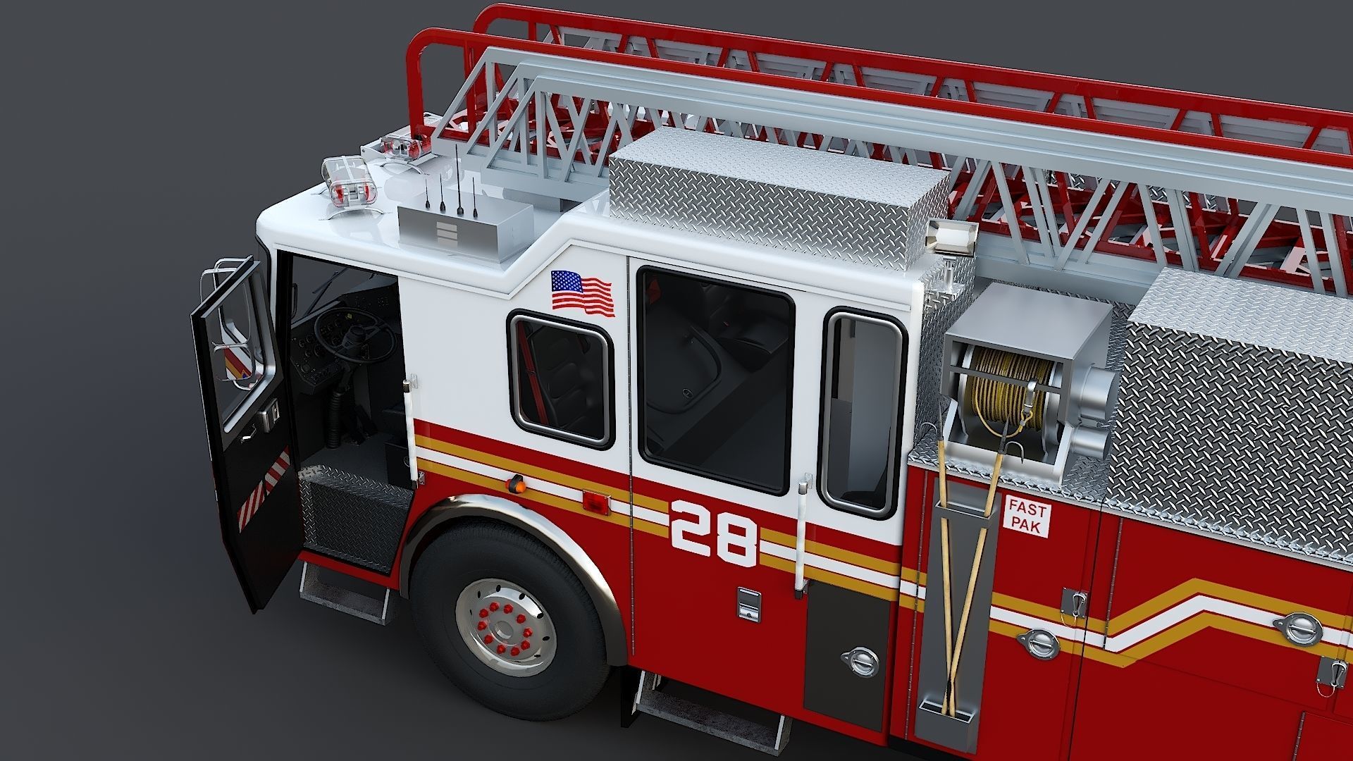 Fire Truck FDNY Ladder with Interior Low-poly 3D model_16