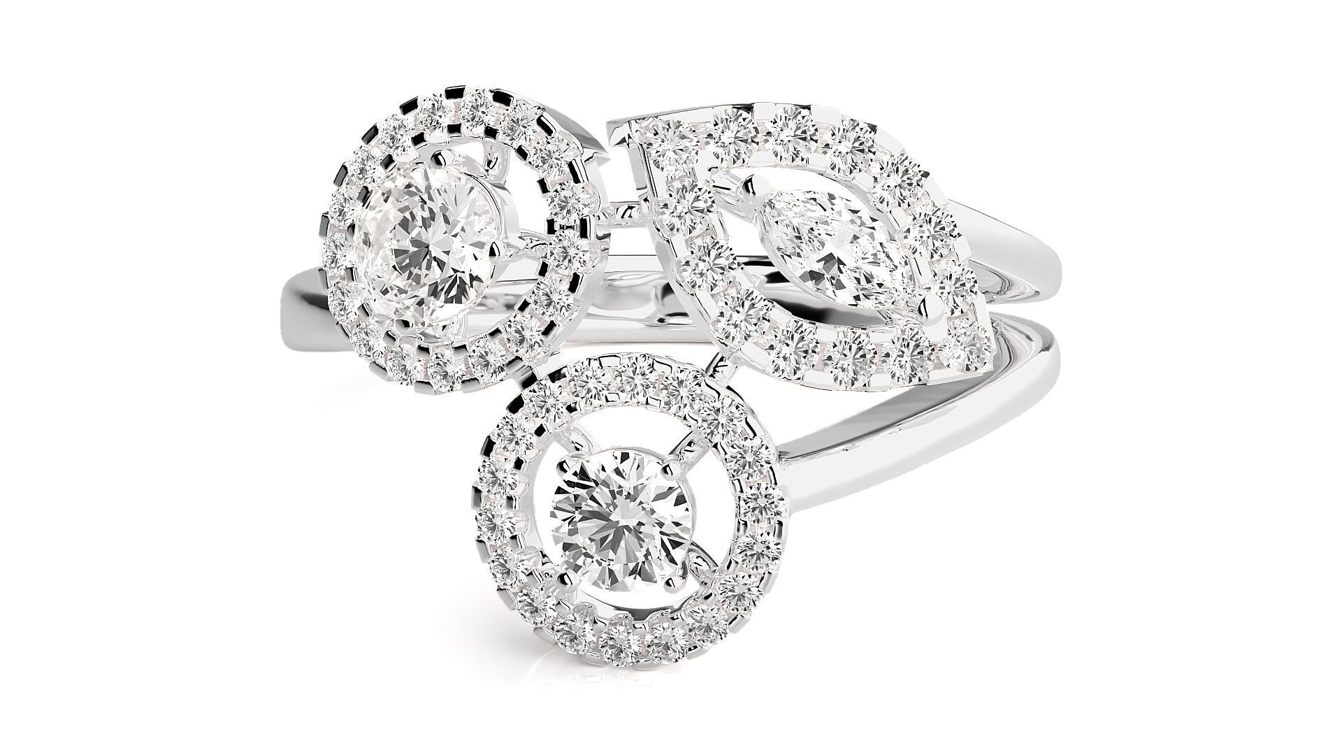 Tri-Star Diamond Cocktail ring 3dm stl renders details 3D print model_4