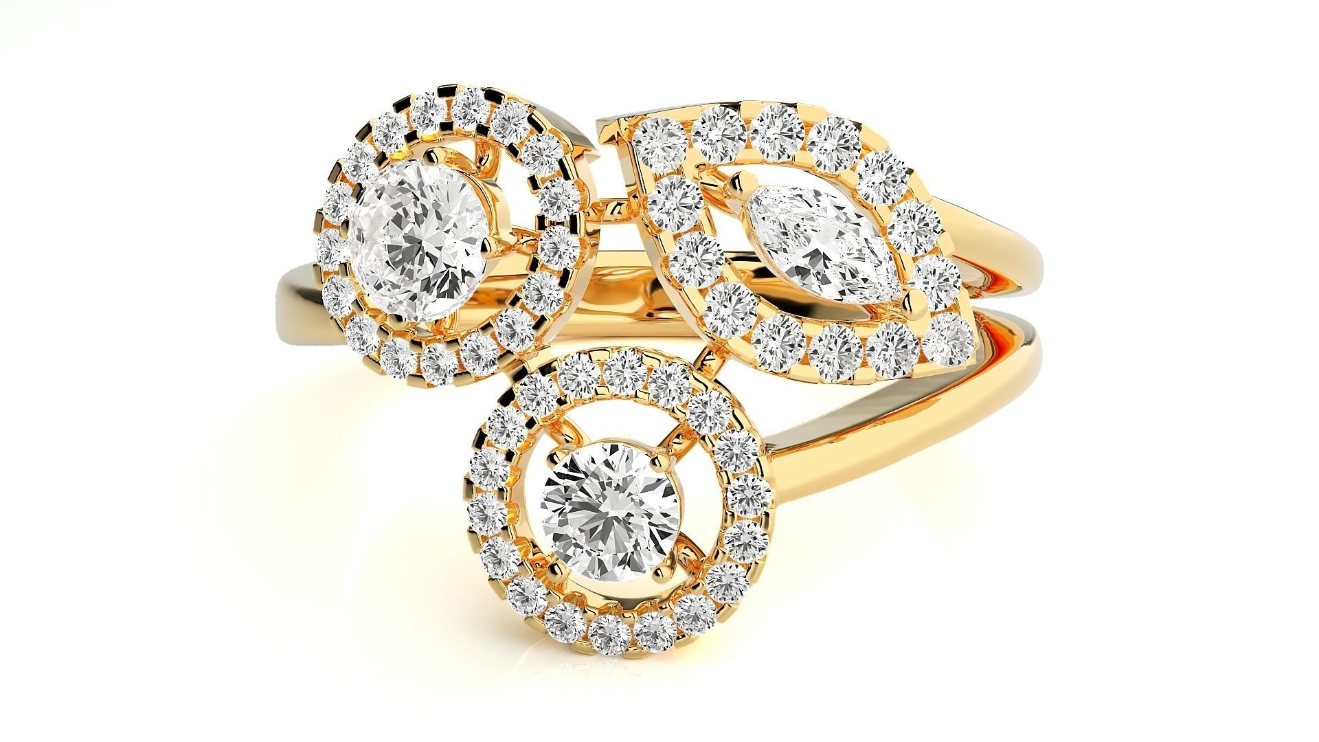Tri-Star Diamond Cocktail ring 3dm stl renders details 3D print model_7