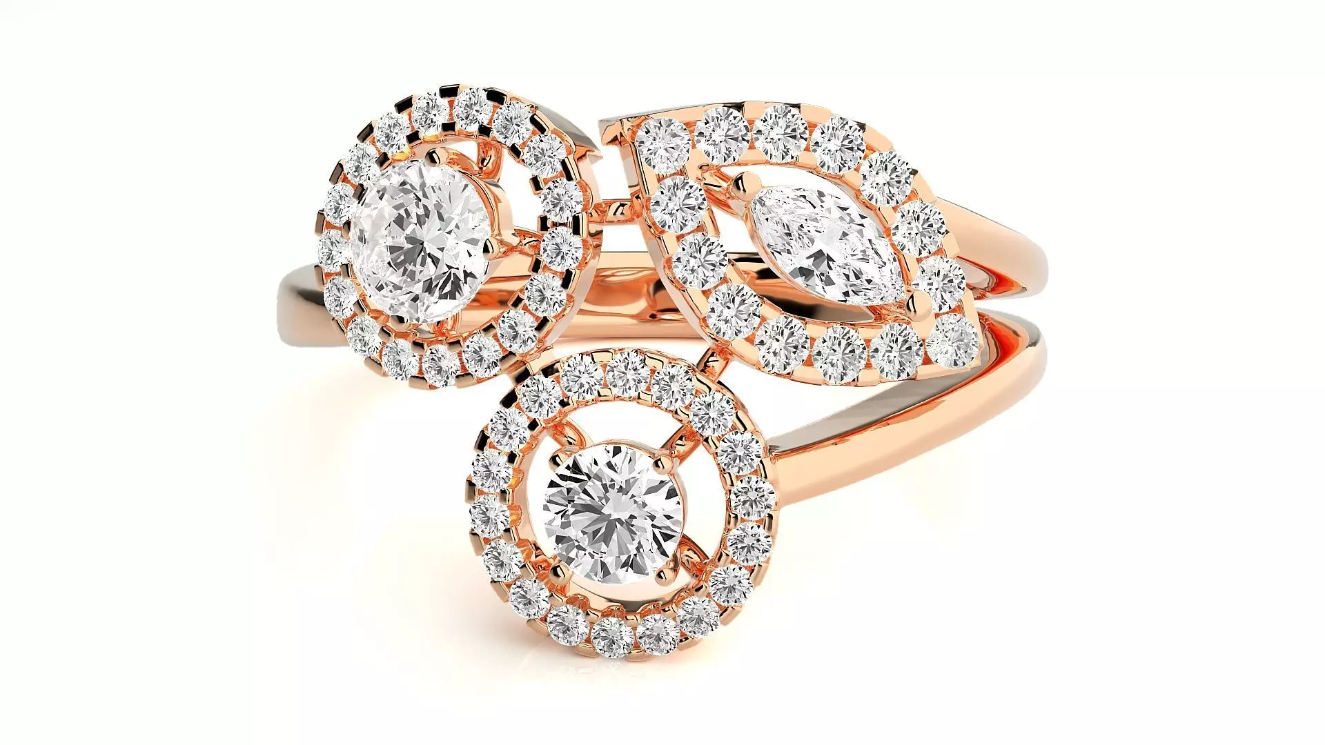 Tri-Star Diamond Cocktail ring 3dm stl renders details 3D print model_0
