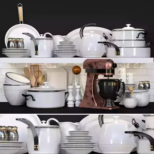 A set of dishes and kitchen appliances