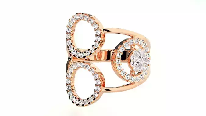 Tri-Circle 3dm stl renders details rose gold ring with diamonds