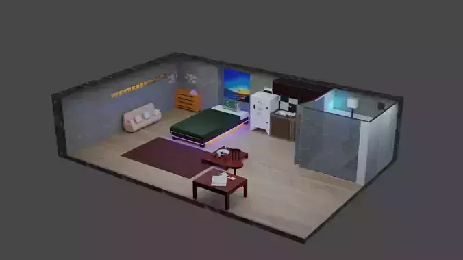 Apartment room with bed and desk