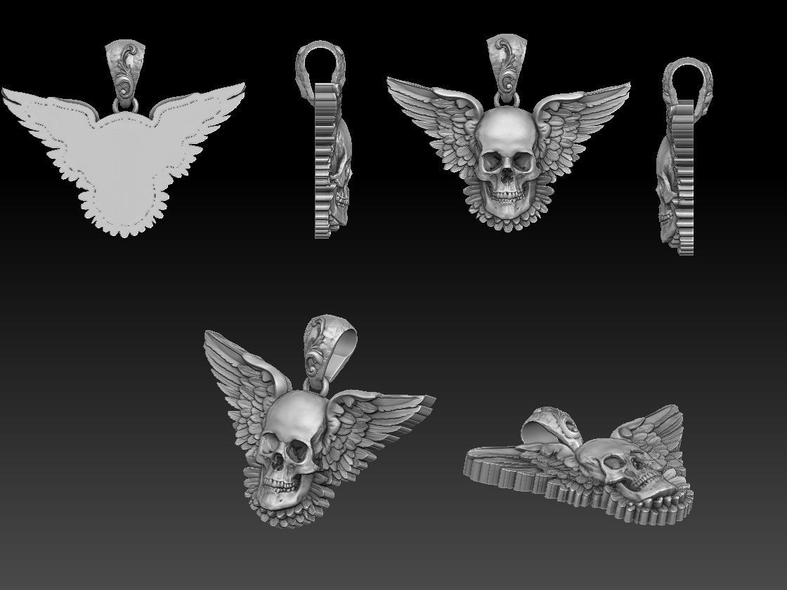 skull pendant with wings 3D print model_10