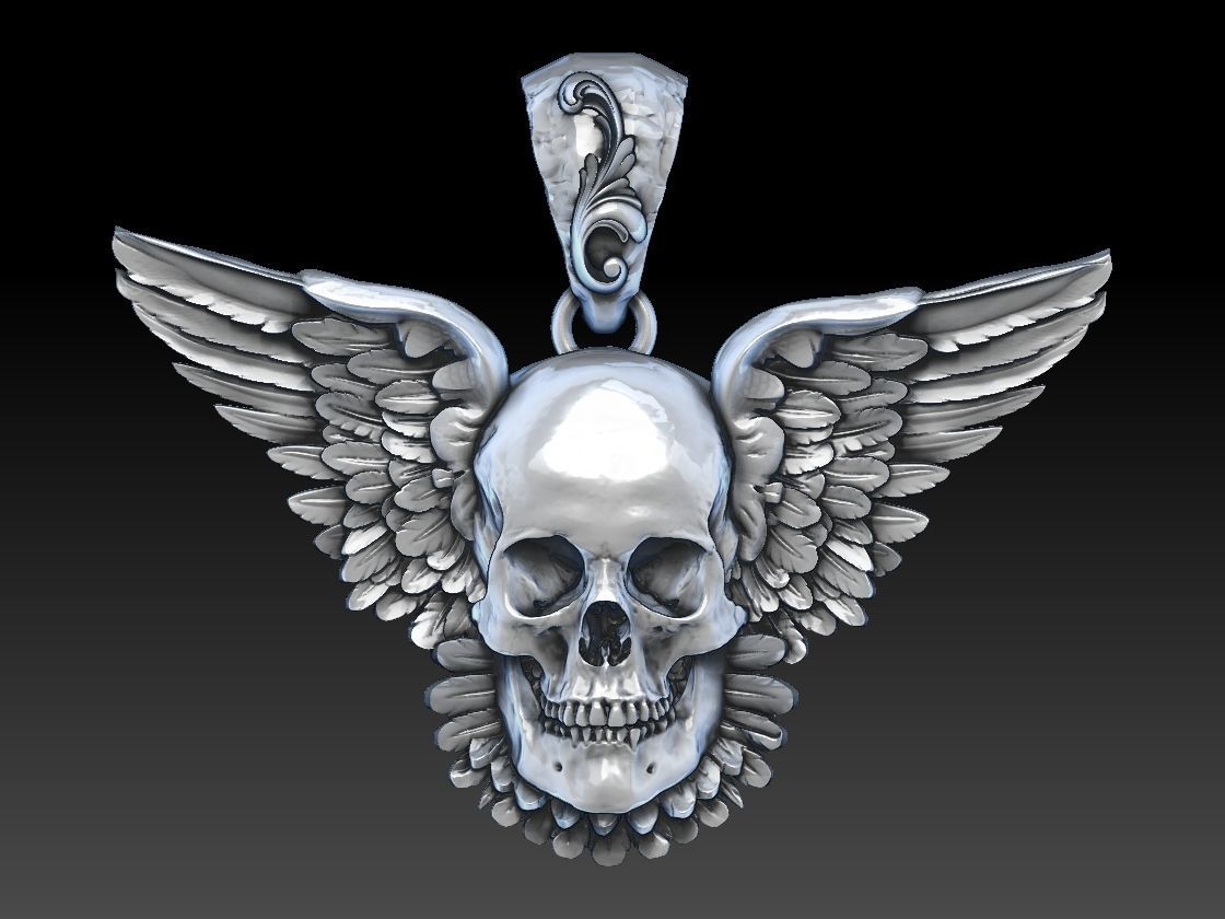 skull pendant with wings 3D print model_1