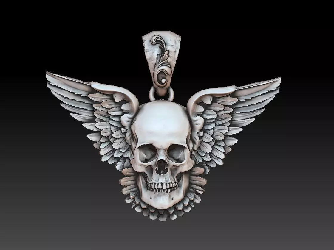 skull pendant with wings 3D print model_0