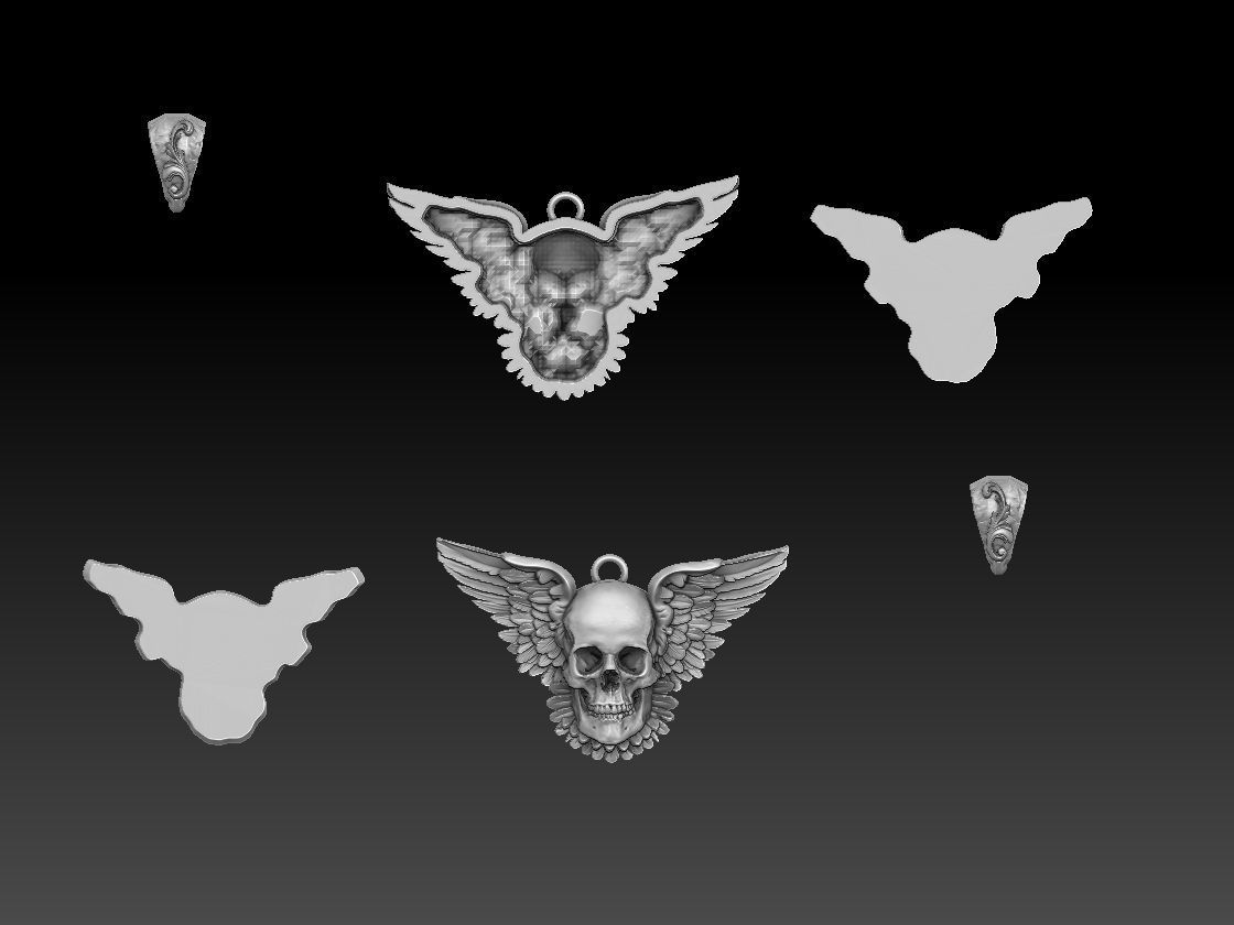 skull pendant with wings 3D print model_2