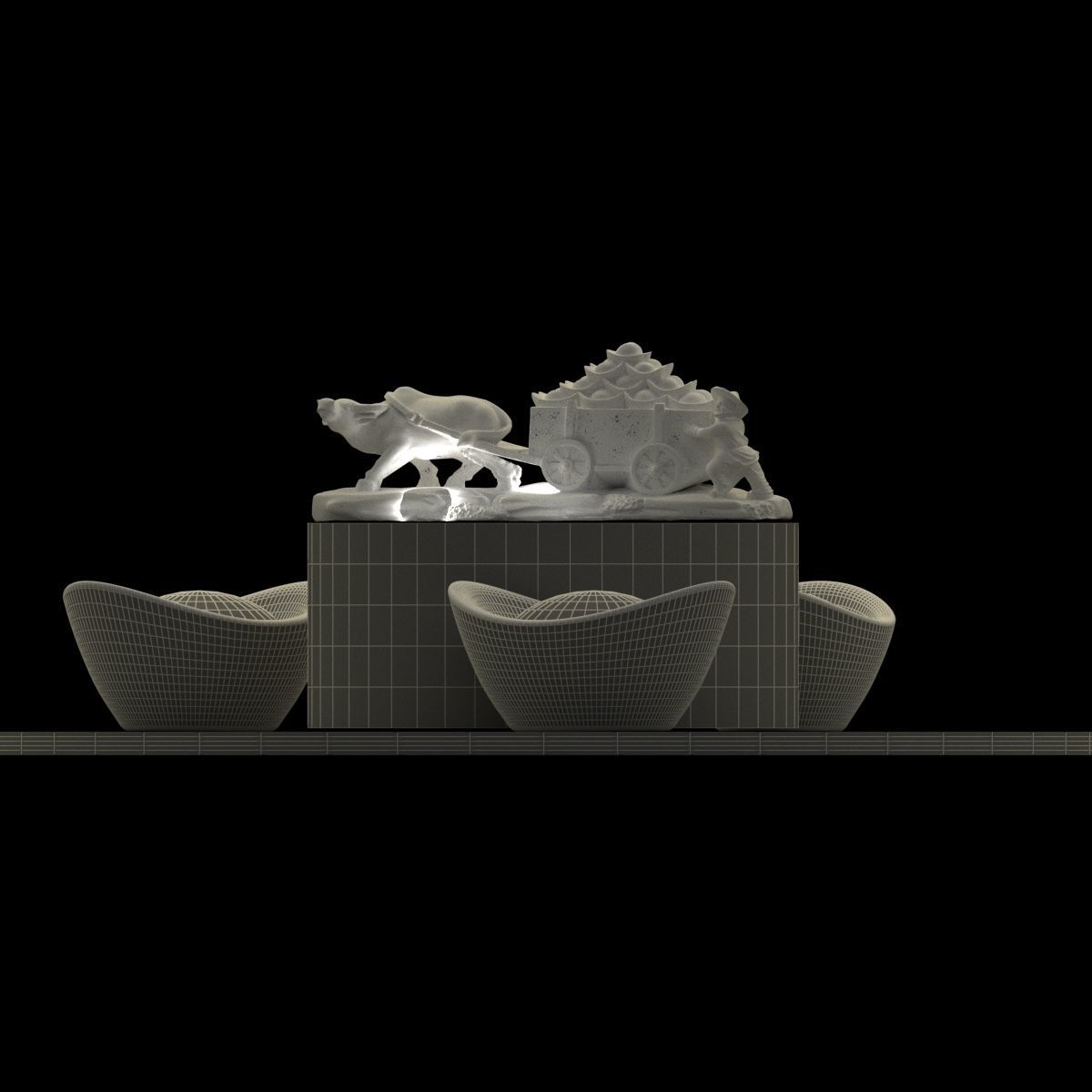 Chinese gold ingot with bull cart 3D model_6