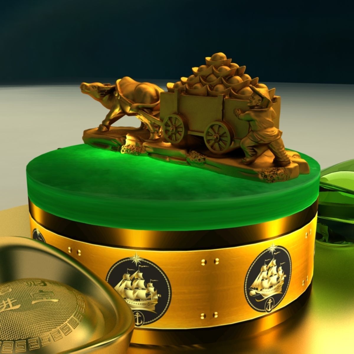 Chinese gold ingot with bull cart 3D model_2